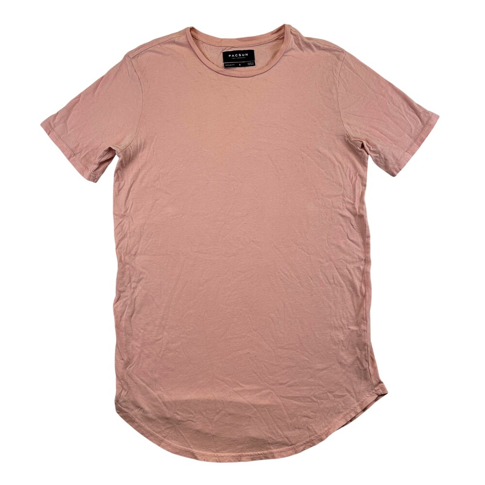 PacSun Shirt Mens Small Pink Scallop Fit Longline Curved Hem Basic T-Shirt